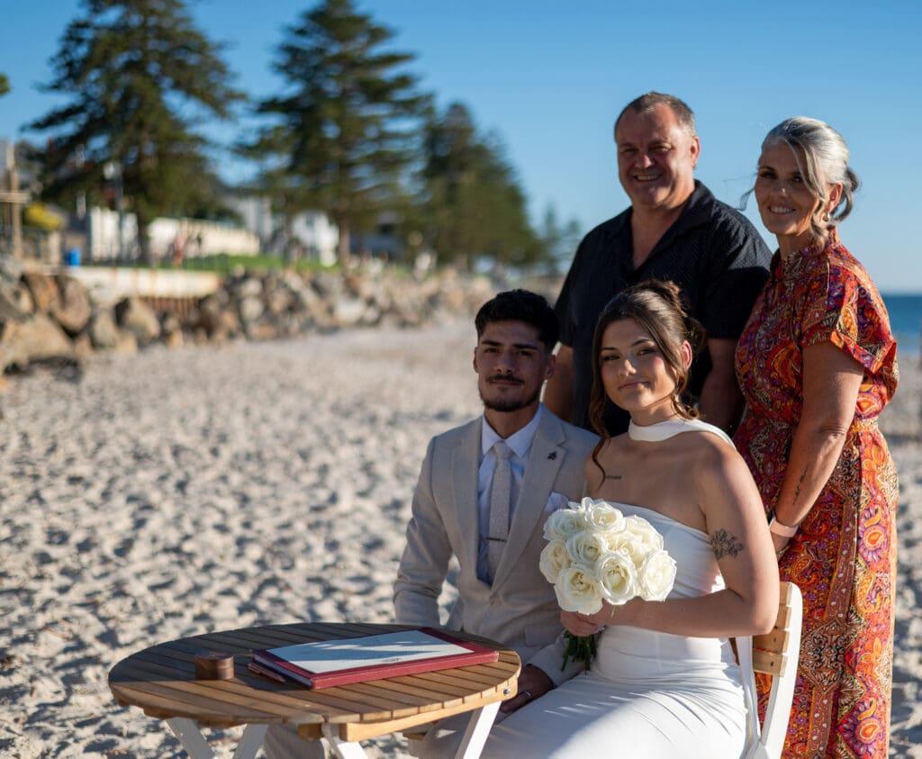 Halley, Jay and family at Glenelg Beach wedding